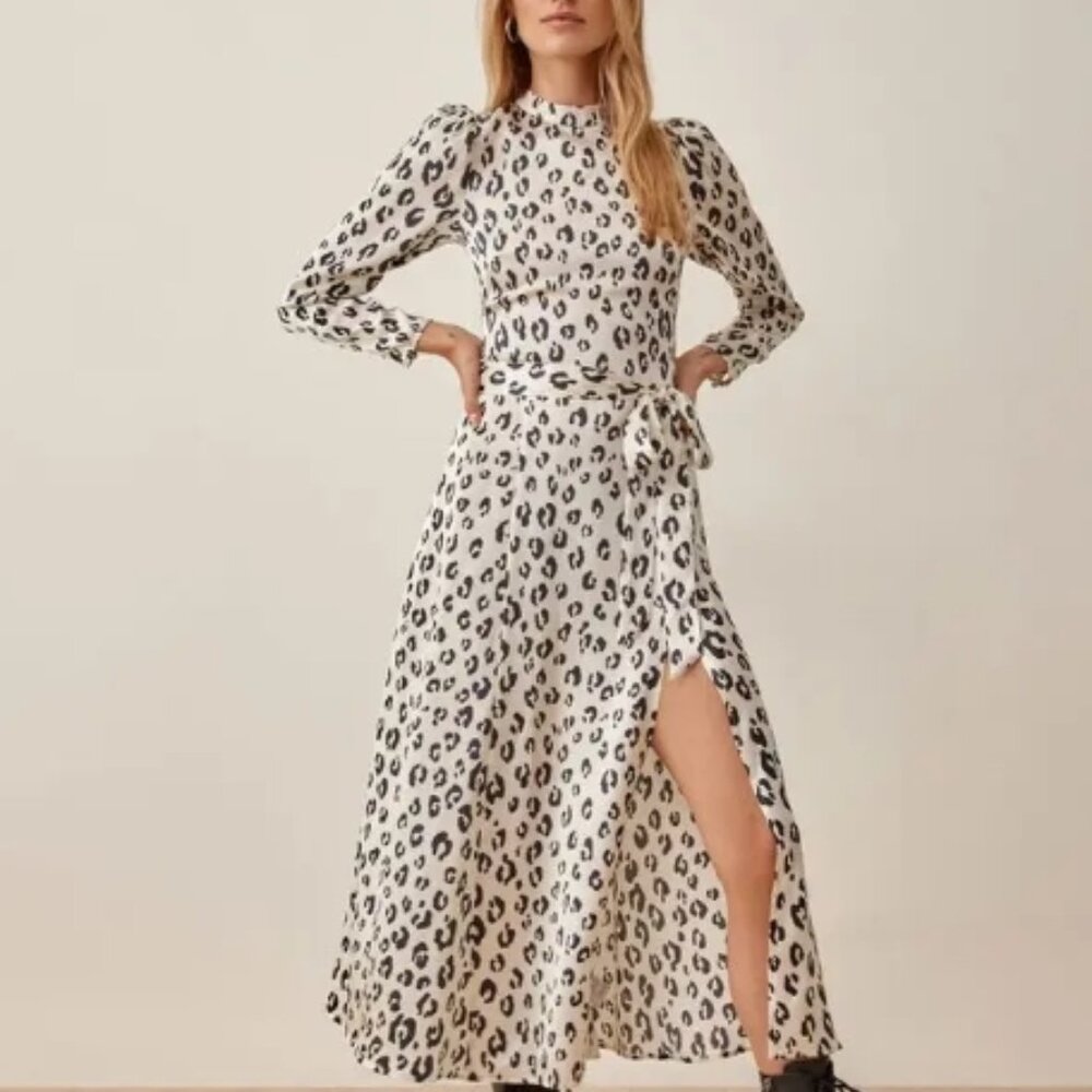 NWT REFORMATION Julius Silk Midi Dress in Snow Leopard XS $298